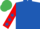 Royal blue, red sleeves, royal blue stars, emerald green cap
