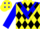 Yellow, blue chevron on front, blue 'riversedge racing stables' on back, black diamonds on blue sleeves