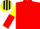Red, yellow and red halved sleeves, black and yellow striped cap