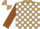 light brown and white blocks, brown sleeves, light brown and white quartered cap