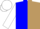 blue and light brown halved diagonally, white sleeves and cap