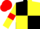 Black and yellow quartered, yellow sleeves with red armlets, red cap