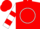 Red, white circle and 'r', white sleeves, red hoop, red cap