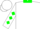 White, green 'ra'  front and back, green diamonds on sleeves, green cuffs and collar