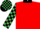 Red and emerald green qtd diagonally, black collar and cuffs, checked sleeves and cap, black peak