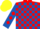 RED and ROYAL BLUE check, ROYAL BLUE sleeves, RED diamonds, YELLOW cap