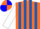 Orange, royal blue playing cards, royal blue stripes on white sleeves, orange and blue quartered cap