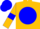 Gold, blue ball, blue armlets on sleeves, blue cap