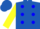 Royal blue, blue dots on yellow sleeves