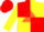 Red & yellow quarters, black 'q' on orange triangle, orange diamond stripe on yellow slvs, red cap