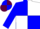 Blue, maroon & white quarters, blue hm, brown crucifix on back
