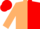 Tan and red vertical halves, tan sleeves, red cap