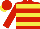red, yellow rings,  red sleeves and cap, yellow peak