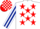 White, red stars, white and dark blue striped sleeves, red and white check cap