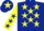 Dark blue, yellow stars, yellow sleeves, dark blue stars, dark blue cap, yellow star