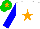 White, orange star, blue sleeves, green cap, orange star