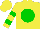 Yellow, green ball, green hoops on sleeves,yellow cap