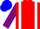Red, white braces, blue and red striped sleeves, blue cap