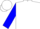 White, blue 'm' in blue horseshoe, blue hoops on sleeves