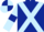 Dark blue, light blue cross belts, light blue sleeves, dark blue armlets, quartered cap