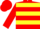 Red body, yellow hooped, red arms, red cap, yellow hooped