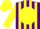 Purple, purple 'c' on yellow ball, yellow stripes on sleeves, yellow cap