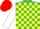 emerald Green, yellow checked, white sleeves,  red cap