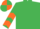 Emerald green, orange chevrons on sleeves, quartered cap