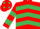 Red, emerald green chevrons, hooped sleeves and spots on cap