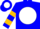 Blue, white ball, gold hoops on sleeves