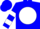 Blue, blue 'ma' on white ball, white bars on sleeves, blue cap