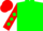 Green body, red arms, green diamonds, red cap