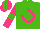 Kelly green, hot pink horseshoe, hot pink sleeves, kelly green hoop, hot pink and kelly green stripes on cap