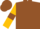 Brown, gold horseshoe and sleeves, brown armlets and cap