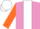 mauve, white panel, orange sleeves, white cap, purple button