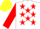 white, red stars, red sleeves, yellow hoops, yellow cap, red peak