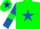 green, royal blue star, royal blue sleeves, green armlets, green cap, blue star