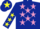 Dark blue, mauve stars, dark blue sleeves, yellow stars, dark blue cap, yellow star