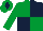 Emerald green and dark blue (quartered), emerald green sleeves, emerald green cap, dark blue diamond