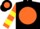 Black, orange ball, orange & yellow hoops on sleeves