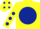 Yellow, dark blue disc, yellow sleeves, dark blue spots, yellow cap, dark blue spots