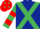 Dark blue, emerald green cross belts, emerald green and red hooped sleeves, red cap, emerald green diamonds