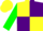 Yellow and purple quarters, green sleeves, yellow cap