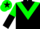 Black, bright green chevron, green and black halved sleeves, bright green cap, black star