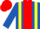 Royal blue, broad red stripe, yellow braces, royal blue sleeves, red cap