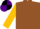 BROWN, old gold sleeves & collar, black & purple quartered cap