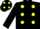 Black, yellow spots, black cap, yellow spots