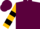 Maroon, black running horse on rail, gold 'drh', black hoops on sleeves