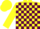 Yellow and maroon check, yellow sleeves and cap