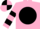 pink, black ball, black hoops on sleeves, black and pink quartered cap